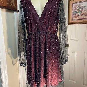 Women's Burgundy Sparkle Mesh Long-Sleeve Dress